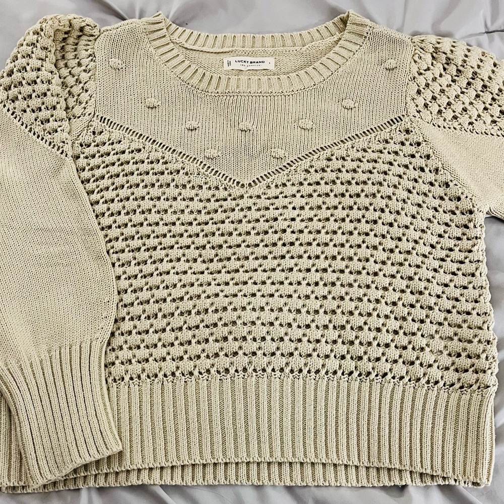 Lucky Brand Cream Crew Neck Sweater with Textured Yoke and Honeycomb Knit